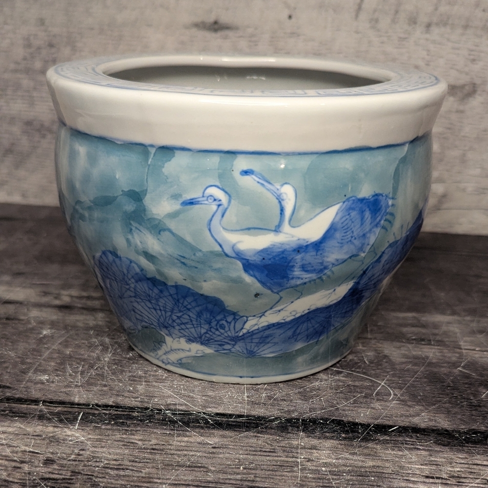 Blue and White Ceramic Planter with Crane Motif